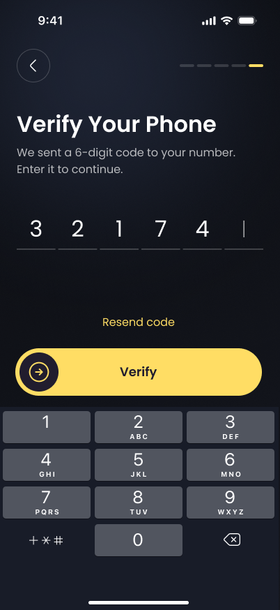 Phone verification screen with one-time SMS code entry